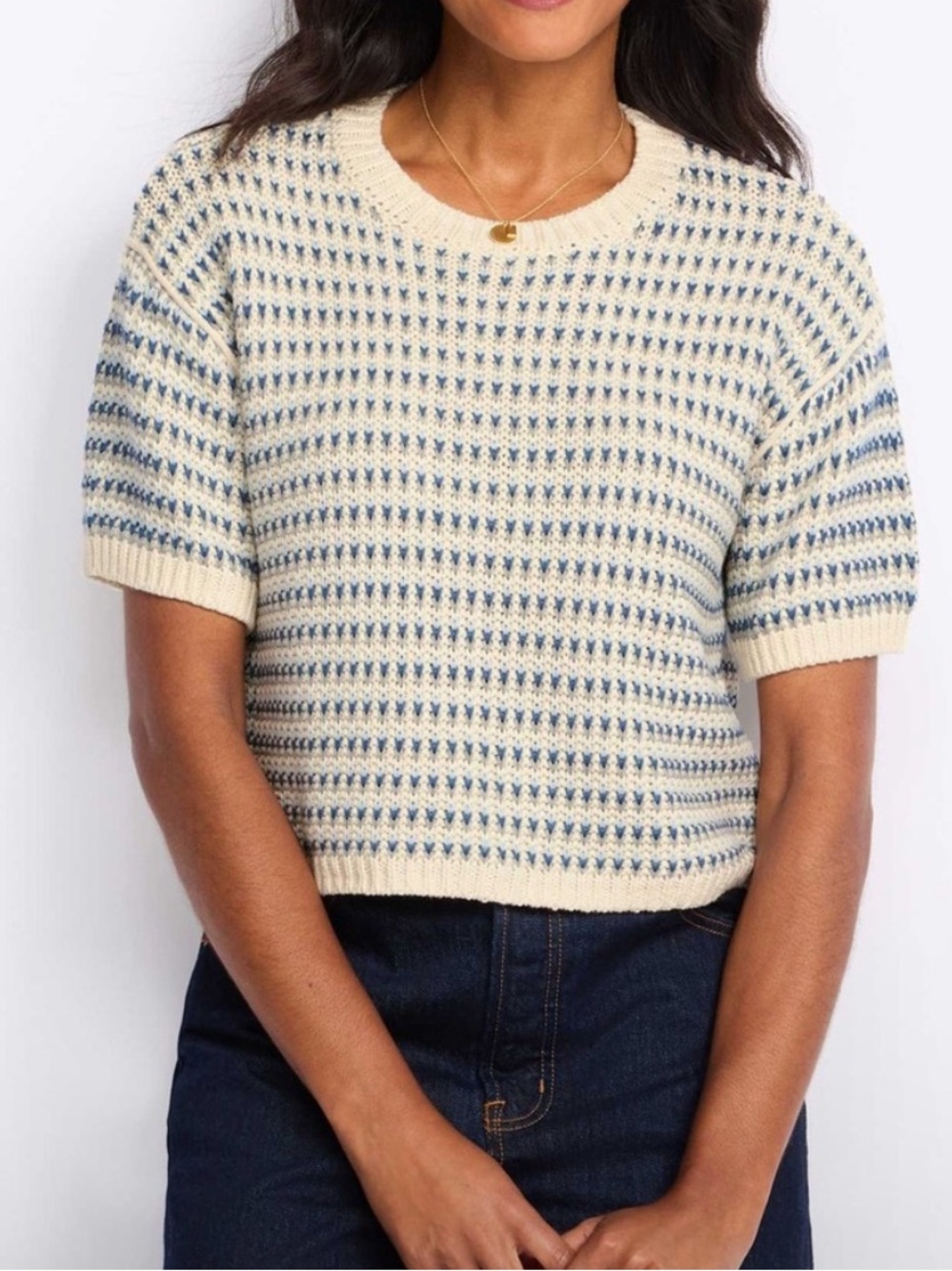 Stitches & Stripes Cream short sleeve Sweater with Blue Stitch Detail